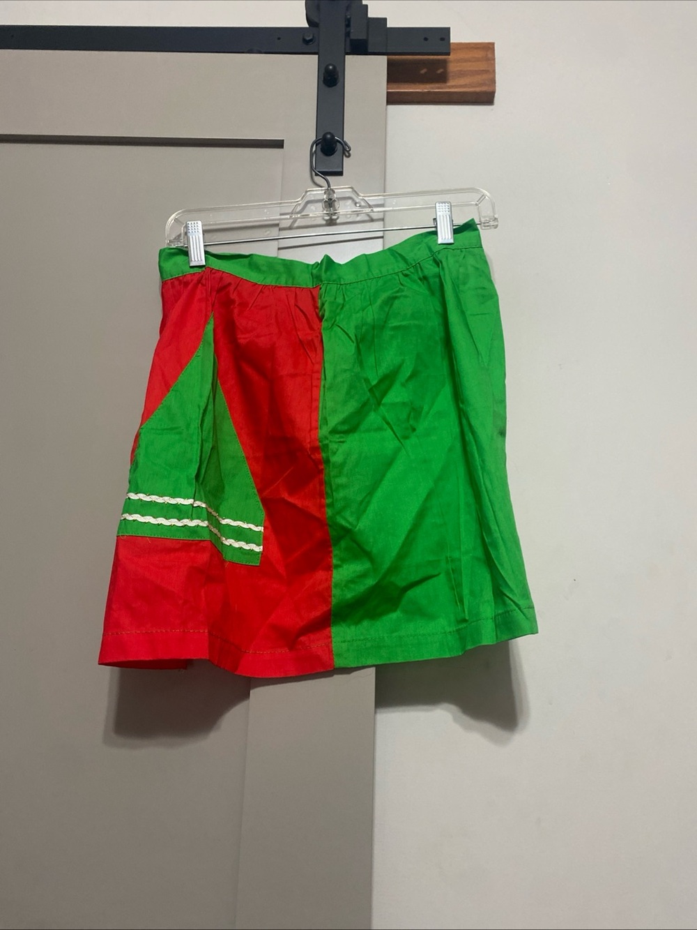 Vtg 1950s Christmas Half Apron Red Green Color Block Tree Pocket